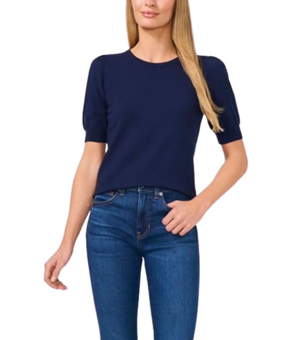 CECE Womens Knit Top Small Classic Navy Blue Pearl Button Short Sleeve NWT